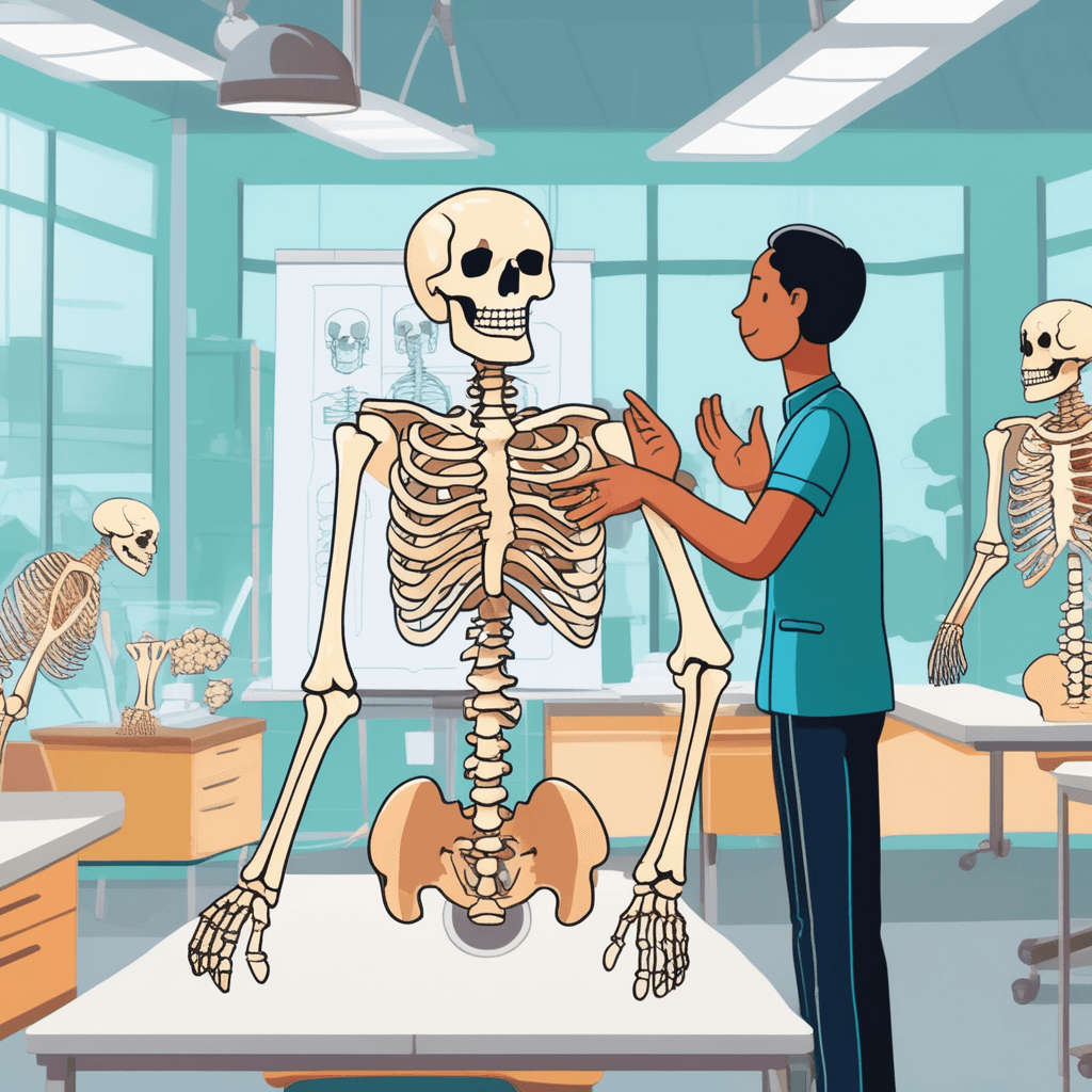 a friendly teacher points to the front ribcage area of a human skeleton model while a curious student takes notes. The teacher's finger clearly indicates the chest area that faces forward on the skeleton. The student nods and compares this front section to the back spine area that faces away. Other students gather around to observe the clear difference between front-facing and back-facing parts of the skeleton. the front-positioned parts situated before or at the front of the body structure