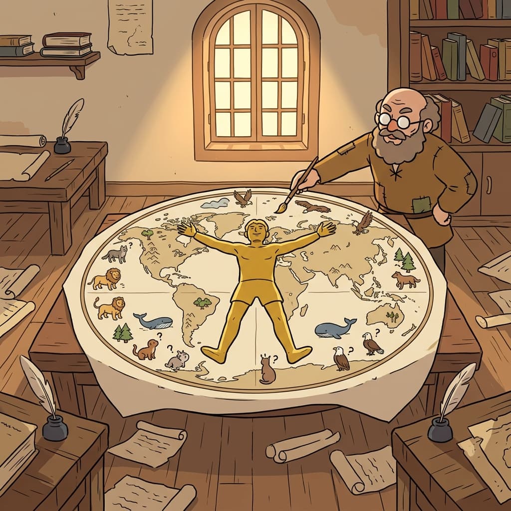 The anthropocentric map places humans at the center while animals orbit as decoration.