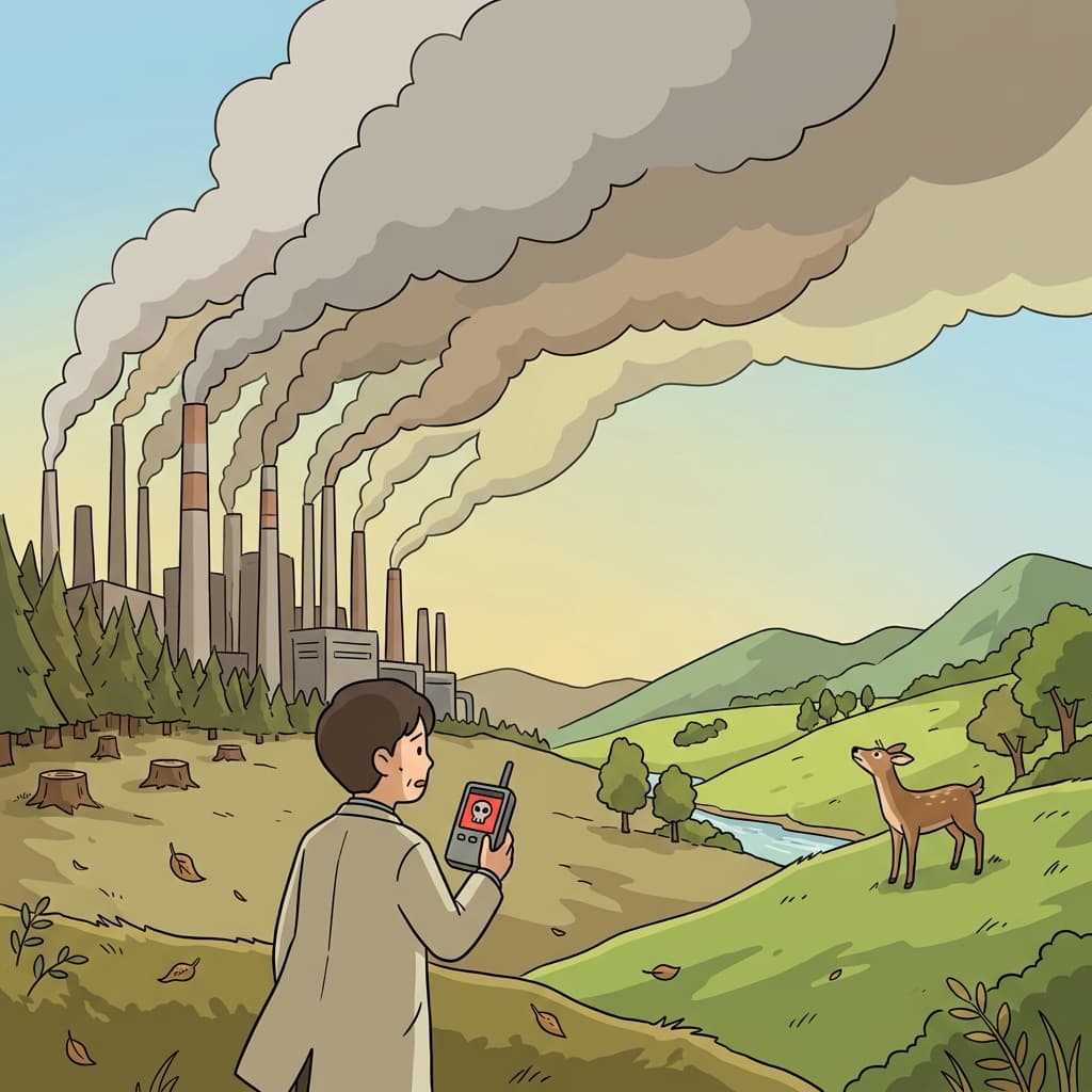 Anthropogenic smoke from factories darkens the sky above the once-clear valley.