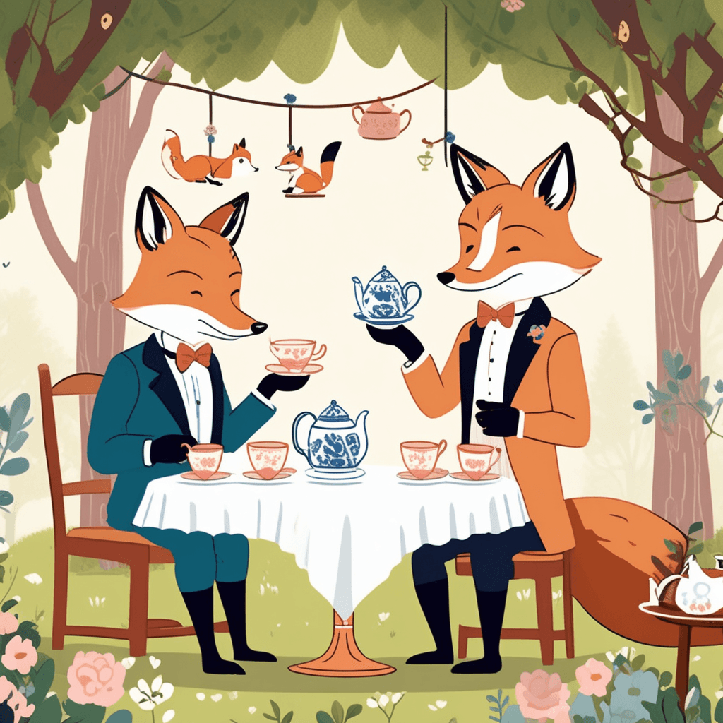 a well-dressed fox wearing a bow tie carefully pours tea from a delicate porcelain teapot into tiny cups. The fox sits upright in a small wooden chair with perfect posture like a proper gentleman. A rabbit in a floral dress sits across from the fox, holding her teacup with both paws while extending her pinky finger elegantly. The rabbit nods politely and appears to be engaged in polite conversation with the fox. A squirrel wearing glasses sits nearby, reading a tiny newspaper while occasionally glancing up to join the discussion. Birds perched on nearby branches wear small hats and seem to be gossiping among themselves like old friends. non-human animals displaying distinctly human characteristics, emotions, and behaviors