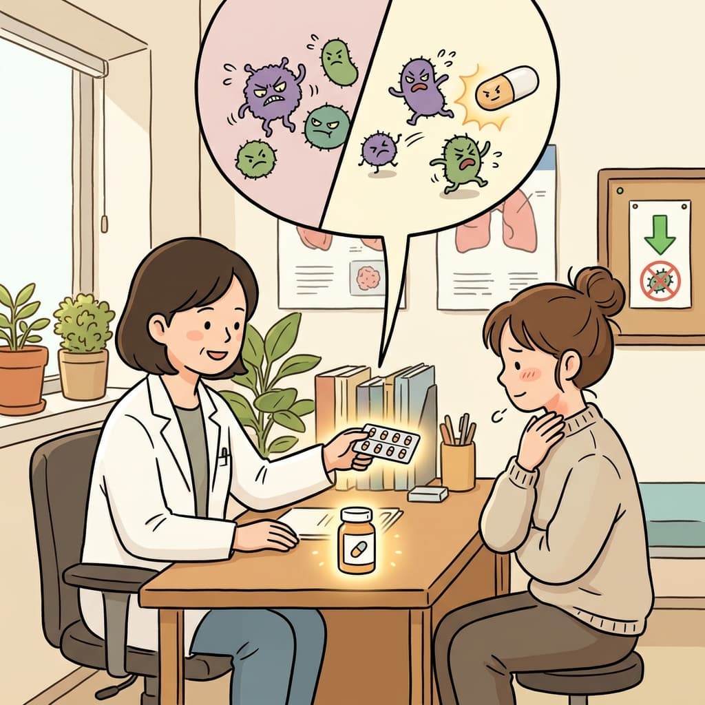 The doctor prescribed an antibiotic to fight her stubborn throat infection.