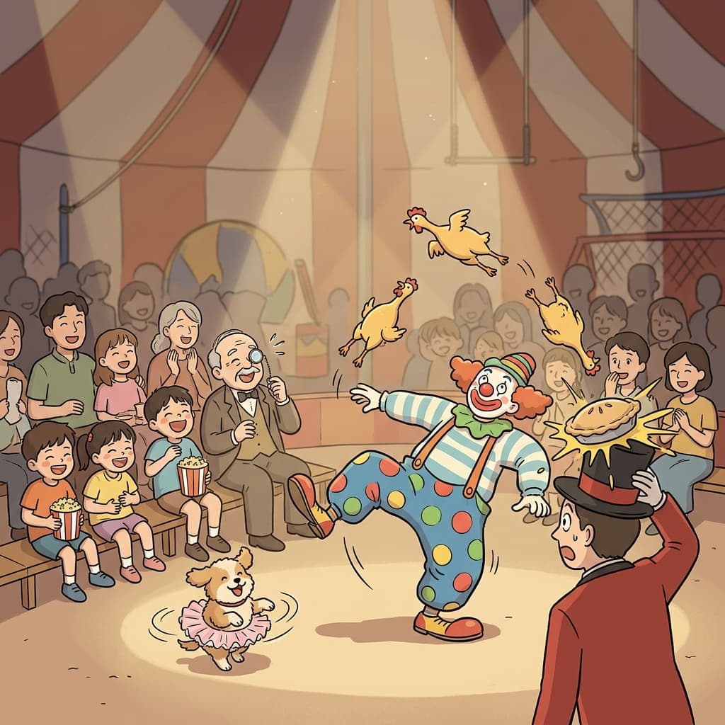 The clown's wild antics had the whole circus tent roaring with laughter.