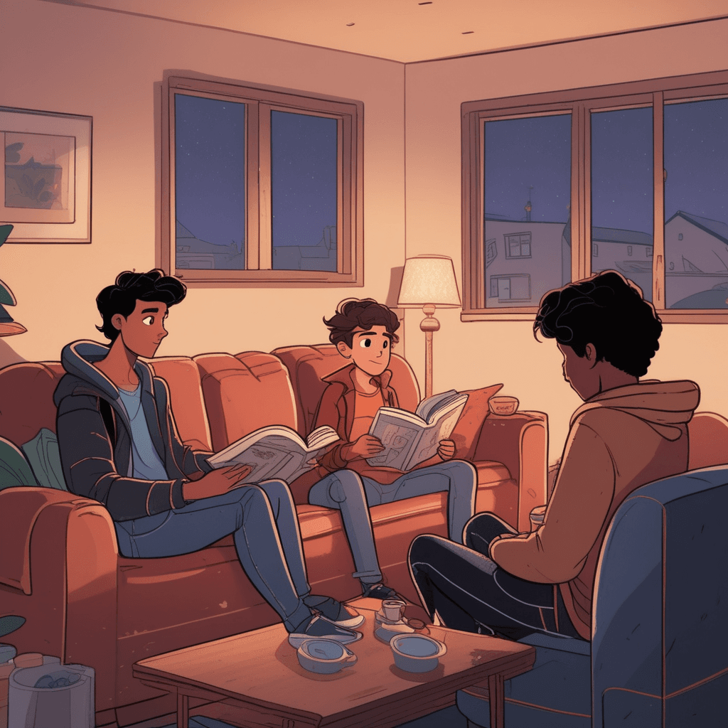 In the center of the frame, a teenage boy with spiky hair and a leather jacket sits quietly reading a thick book while his family watches TV. His parents and sister stare at him with surprised expressions, clearly expecting him to be loud or disruptive. The boy turns a page gently and adjusts his reading glasses with a peaceful smile. His family exchanges amazed glances as they realize their assumption about his "rebellious" appearance was completely wrong. that his behavior is anything but what his tough appearance suggested