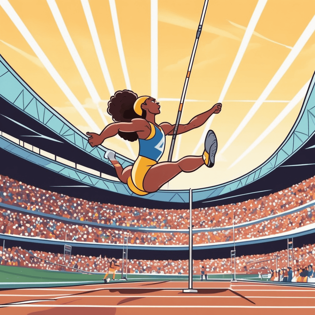 a pole vaulter soars gracefully over the highest bar, arms raised in victory as their body clears the record-breaking height. The athlete's face shows pure joy and accomplishment at this pinnacle moment of their career. The crowd below erupts in celebration as they witness this historic achievement. Judges and coaches point upward in amazement at the incredible height reached. the athlete reaching the apogee of their athletic performance and career