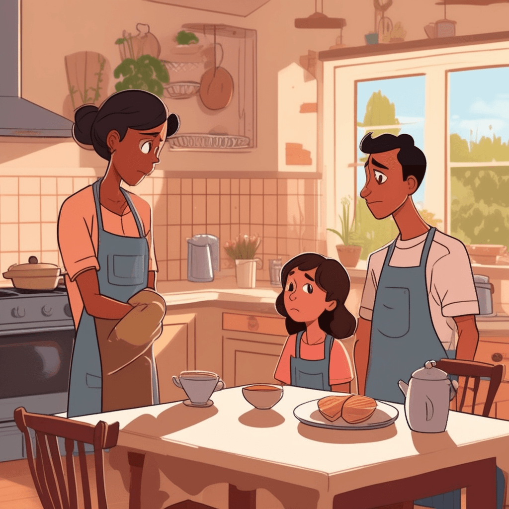 a young person stands with downcast eyes and clasped hands, bowing slightly toward their parent. Their posture shows genuine remorse as they gesture toward a broken coffee mug on the floor. The shattered pieces lie scattered near spilled coffee that has spread across the kitchen tiles. The parent's expression softens from initial surprise to understanding as they see the sincere regret. Other family members pause their breakfast to witness this moment of accountability. The kitchen atmosphere shifts from morning chaos to a tender moment of reconciliation. someone expressing regret and remorse for having done something wrong