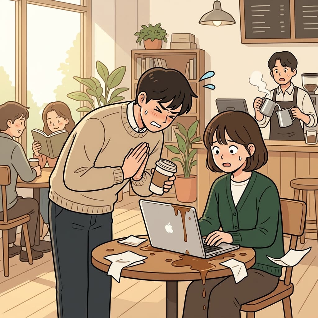 He bows deeply to apologize for spilling coffee on her laptop.