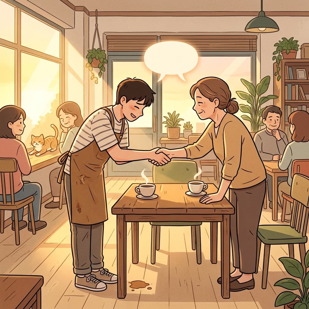 After a sincere bow, the manager smiled and said 'apology accepted' with a warm handshake.