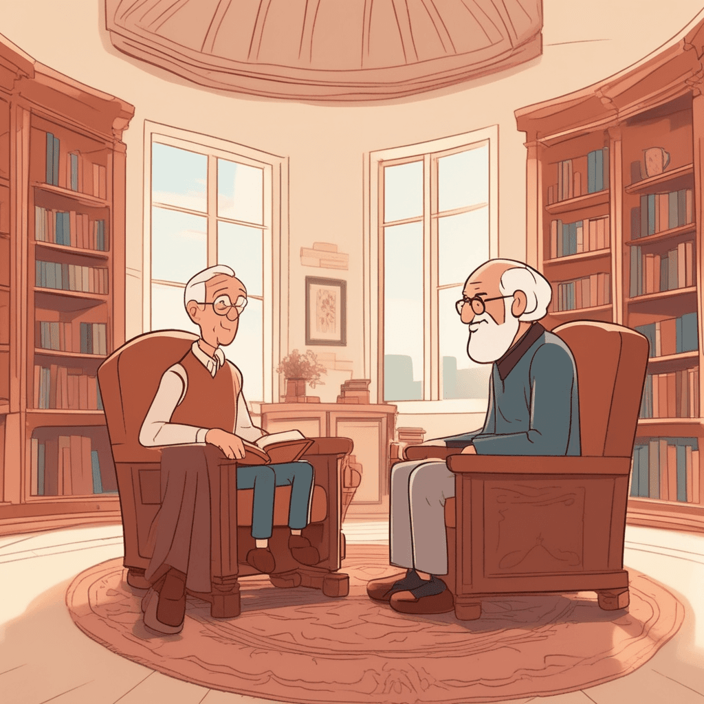 an elderly professor sits forward in his chair, gesturing with one finger raised as he speaks to a young student sitting across from him. The professor's eyes twinkle with wisdom as he shares a brief but meaningful piece of advice. The student leans in attentively, nodding with understanding as the words clearly resonate. A moment of recognition crosses the student's face as the wisdom sinks in. Other students nearby pause their reading to listen to the professor's wise words. a concise saying or maxim being shared as meaningful wisdom