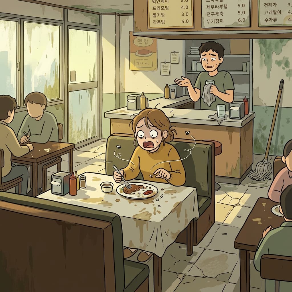 The restaurant was appallingly dirty, with flies swarming over half-eaten plates.