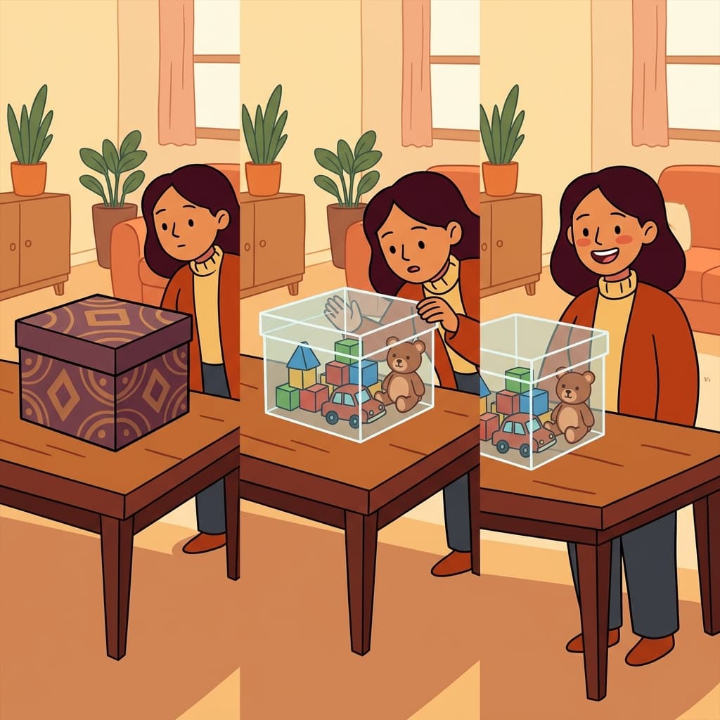 The answer became apparent because the transparent box let the parent see everything inside.