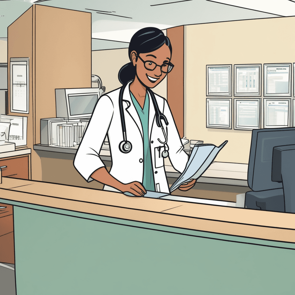 a friendly receptionist opens a thick appointment book and runs her finger down the pages looking for available time slots. She holds a pen in her other hand ready to write down new appointment information. A patient stands across from her at the desk waiting to schedule their next visit. The receptionist finds an open slot and begins writing the patient's name and appointment time in the book. Other patients sit in chairs behind them reading magazines while waiting for their scheduled appointments. a book being used to record and organize appointments and meetings