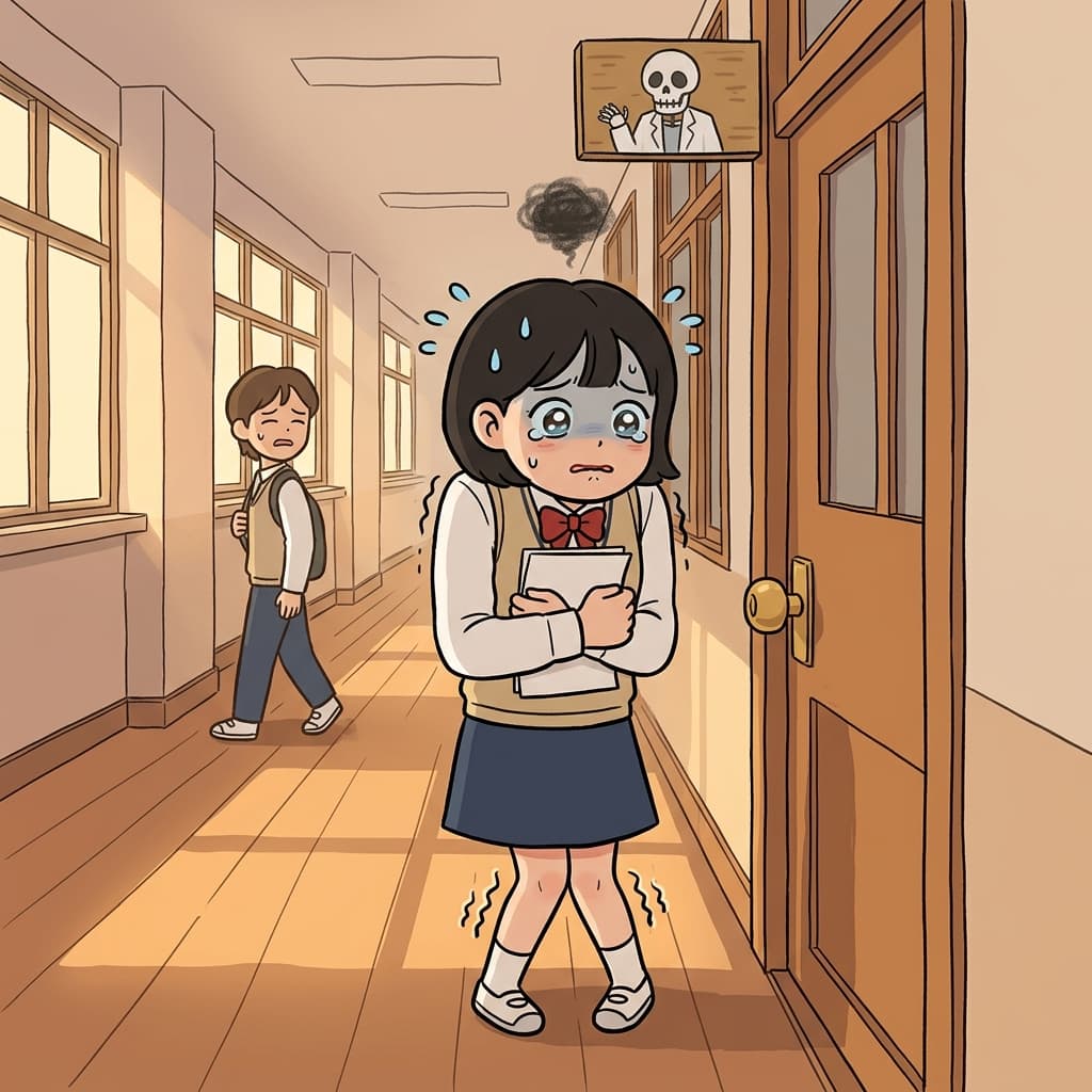 She felt apprehensive standing outside the principal's office, clutching her report card.