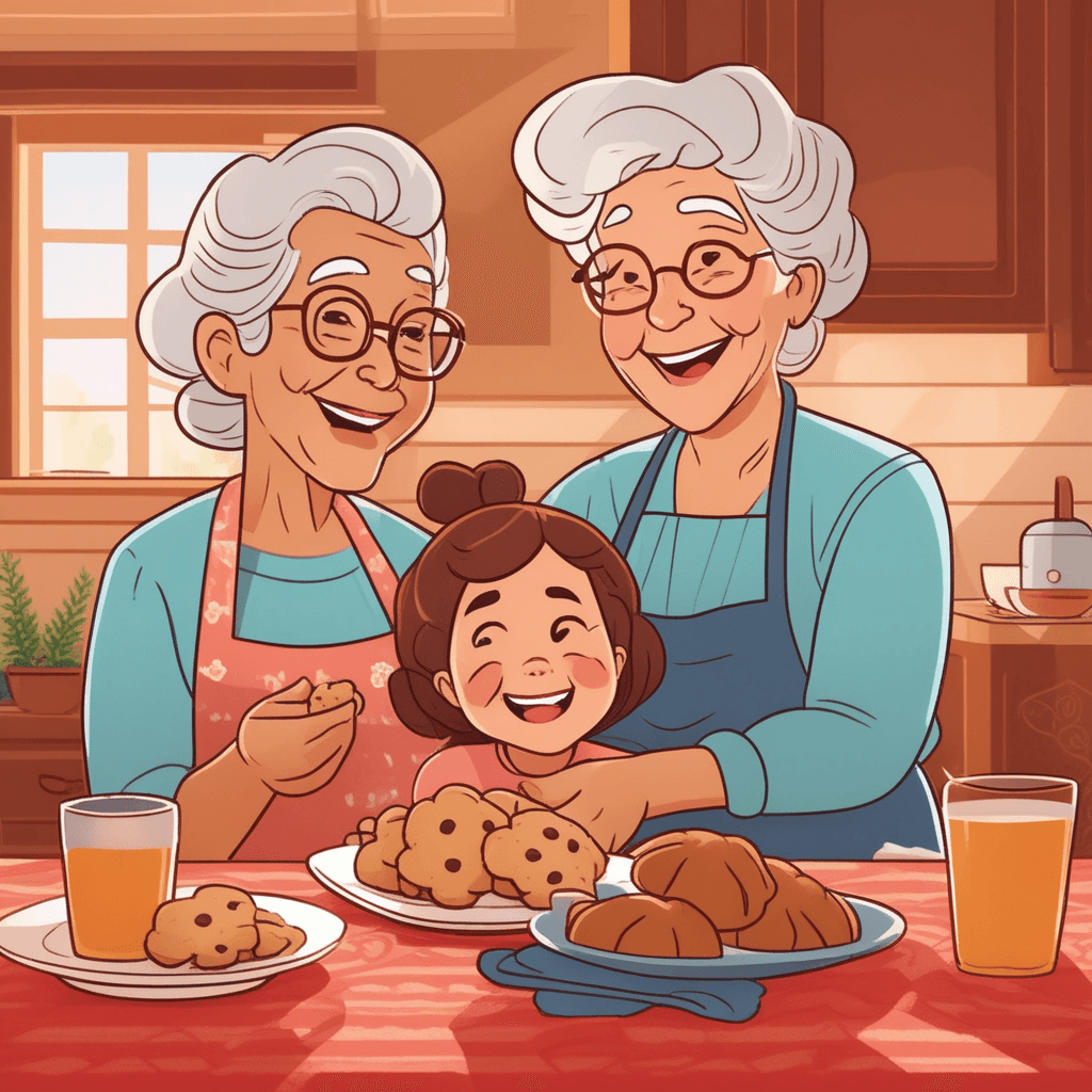 a grandmother takes a bite of homemade cookies that her young granddaughter just baked for the first time. Her face lights up with a genuine smile as she tastes the treat. She gives an enthusiastic thumbs up while nodding her head approvingly at the nervous girl. The granddaughter's worried expression transforms into pure joy upon seeing her grandmother's positive reaction. Other family members in the background also smile and clap their hands in encouragement. The grandfather reaches for a cookie while giving an approving nod. the grandmother expressing approval and giving commendation for her granddaughter's baking efforts