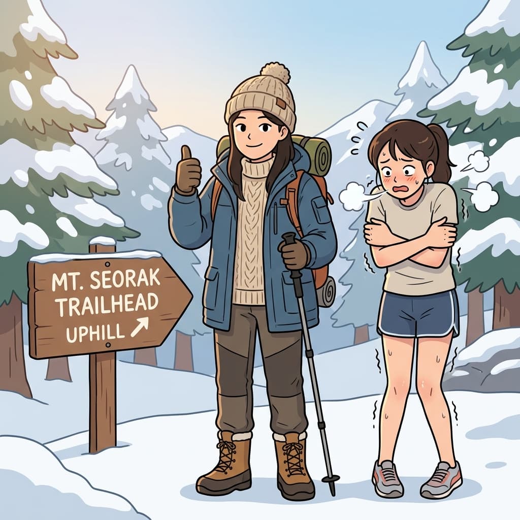 She dressed appropriately for the snowy mountain hike, layering wool and a warm parka.