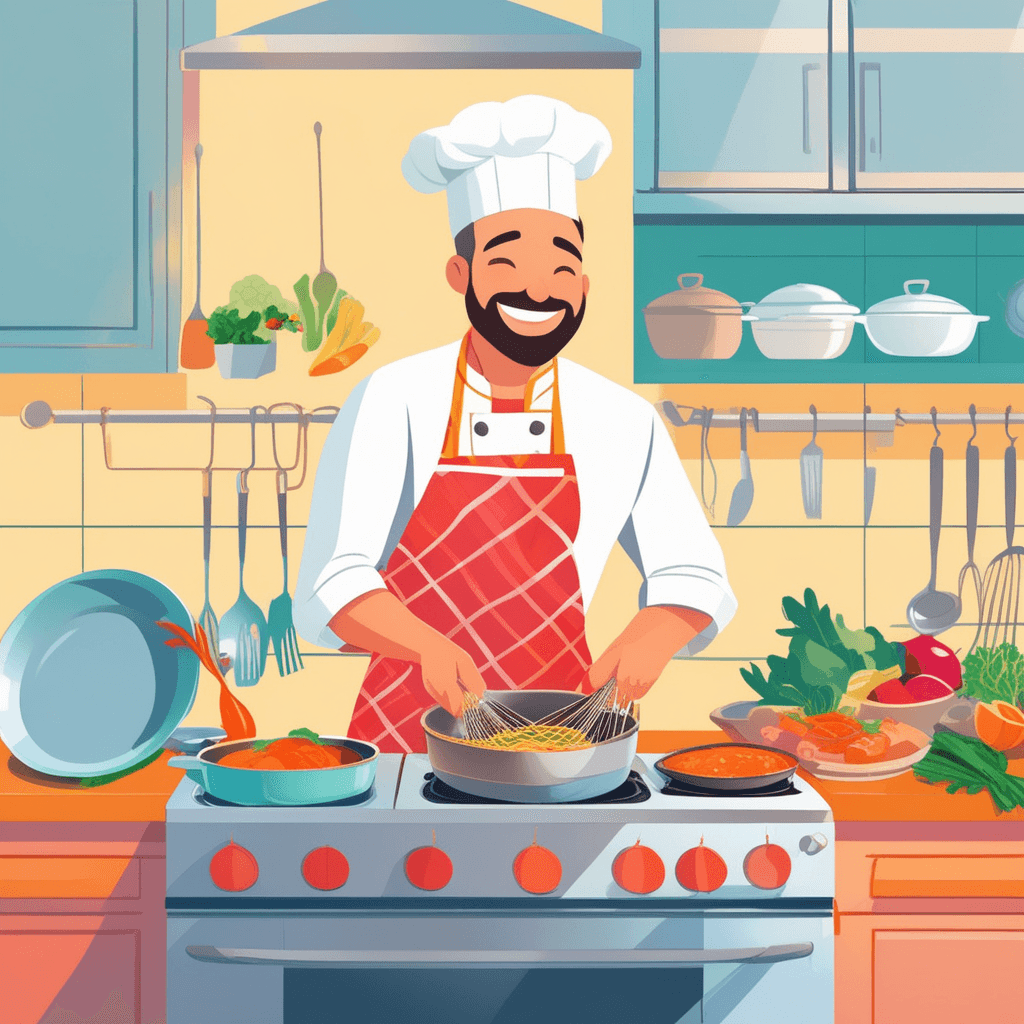 a smiling chef carefully ties the strings of a colorful protective garment around their waist. The fabric covers the front of their clothes completely from chest to knees. Hot oil begins to splatter from a sizzling pan on the stove nearby. The protective covering shields the chef's regular clothes from getting stained or burned. A family member watches from the side, also wearing similar protective kitchen wear. Another person reaches for their own hanging protective garment from a nearby hook. a protective garment worn over the front of one's clothes and tied at the back