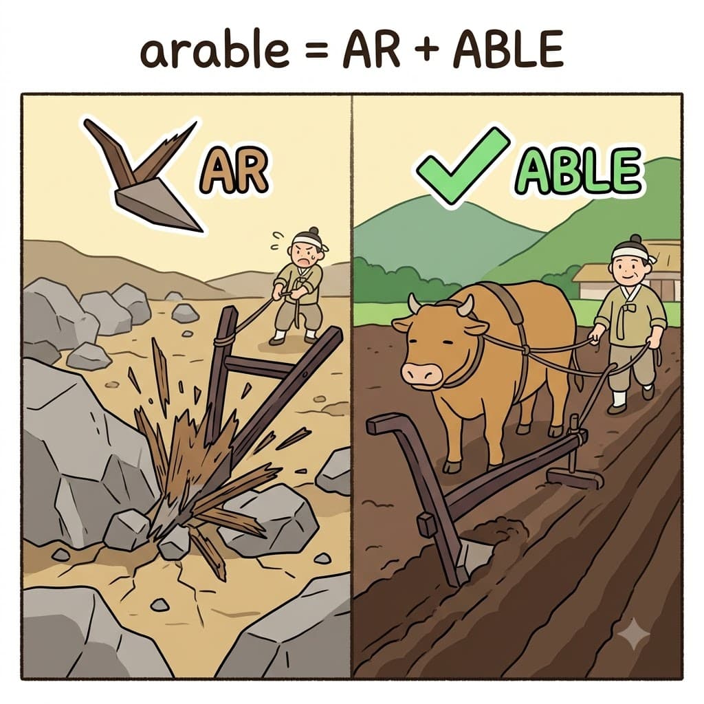 AR(plow) + ABLE(capable of) — proving it was perfectly ABLE(capable of) taking the AR(plow), the soft field was highly arable.