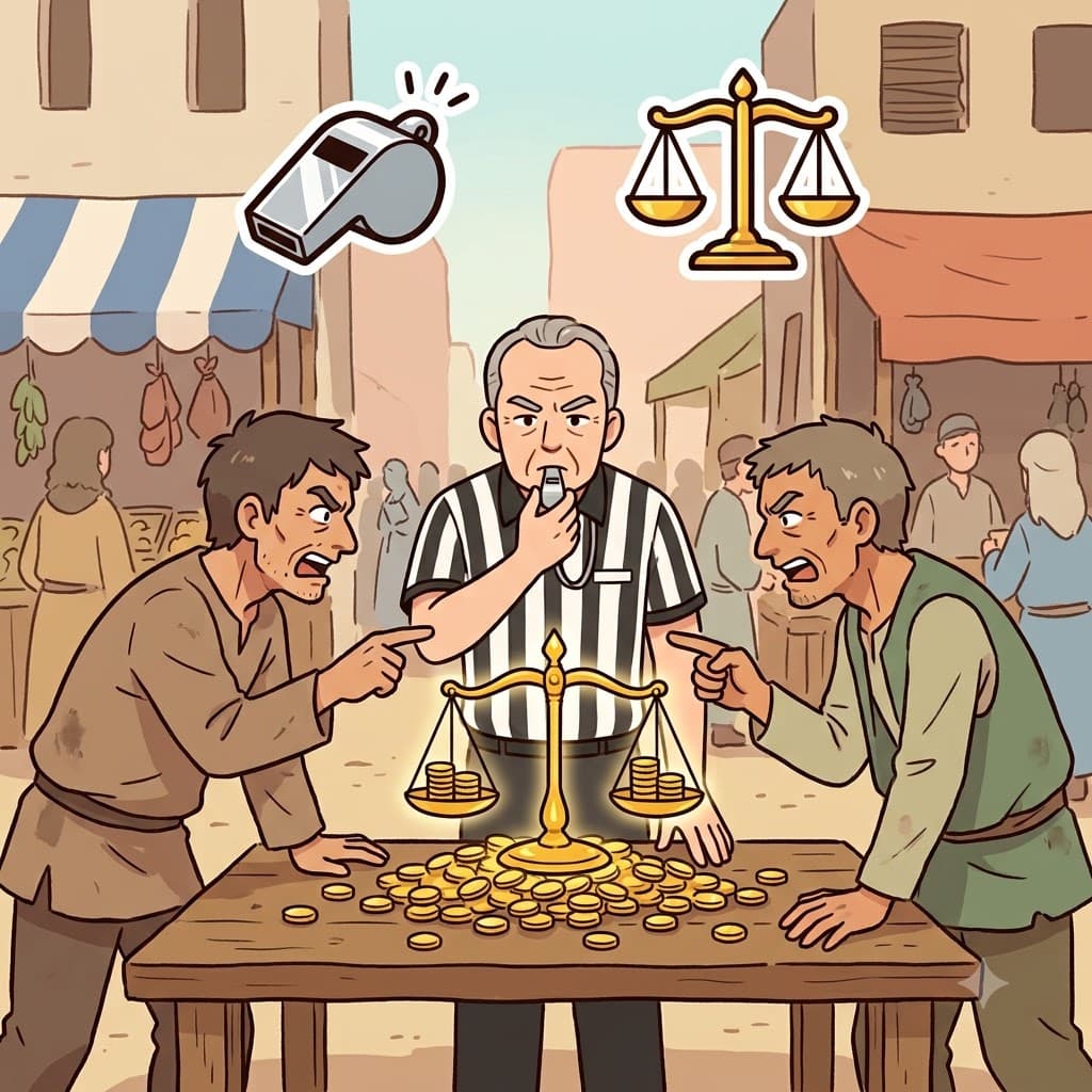 ARBIT(referee) + RATOR(one who acts) — the referee became the arbitrator between the angry merchants.