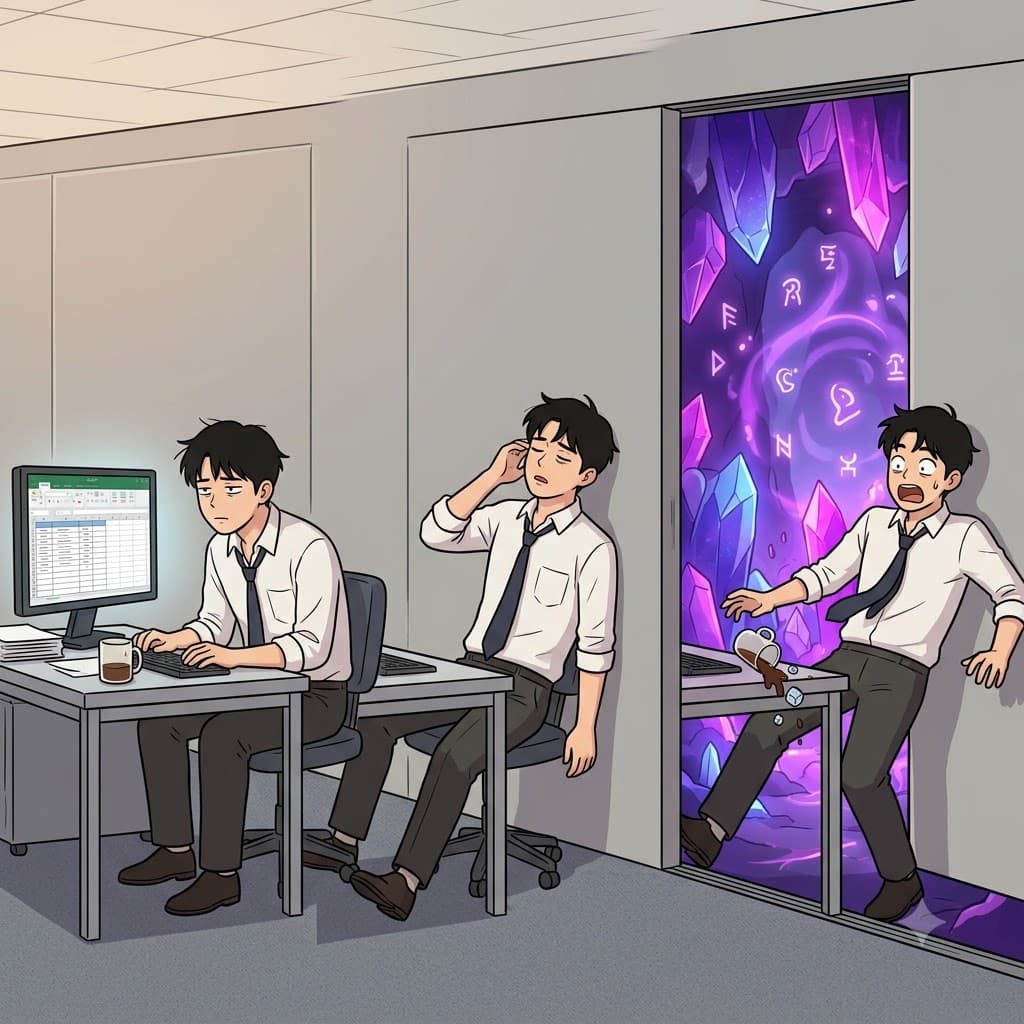 Hidden behind the completely plain wall in his mundane office, he accidentally found a glowing room filled with arcane magic.