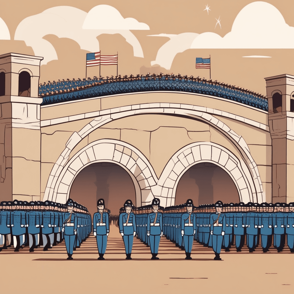 Starch-stiff soldiers march under the arch-shaped bridge!