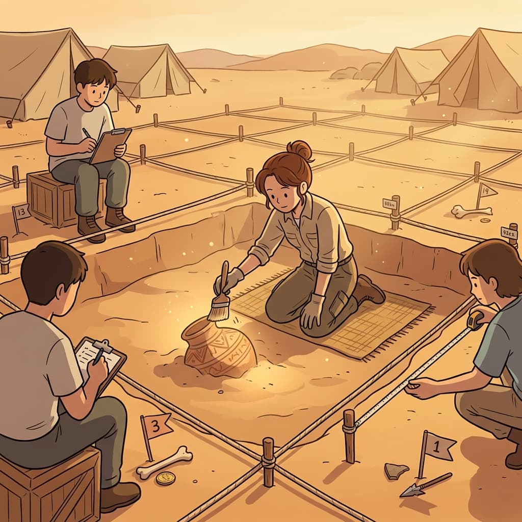 The archaeological team carefully brushes dust off an ancient pottery shard.