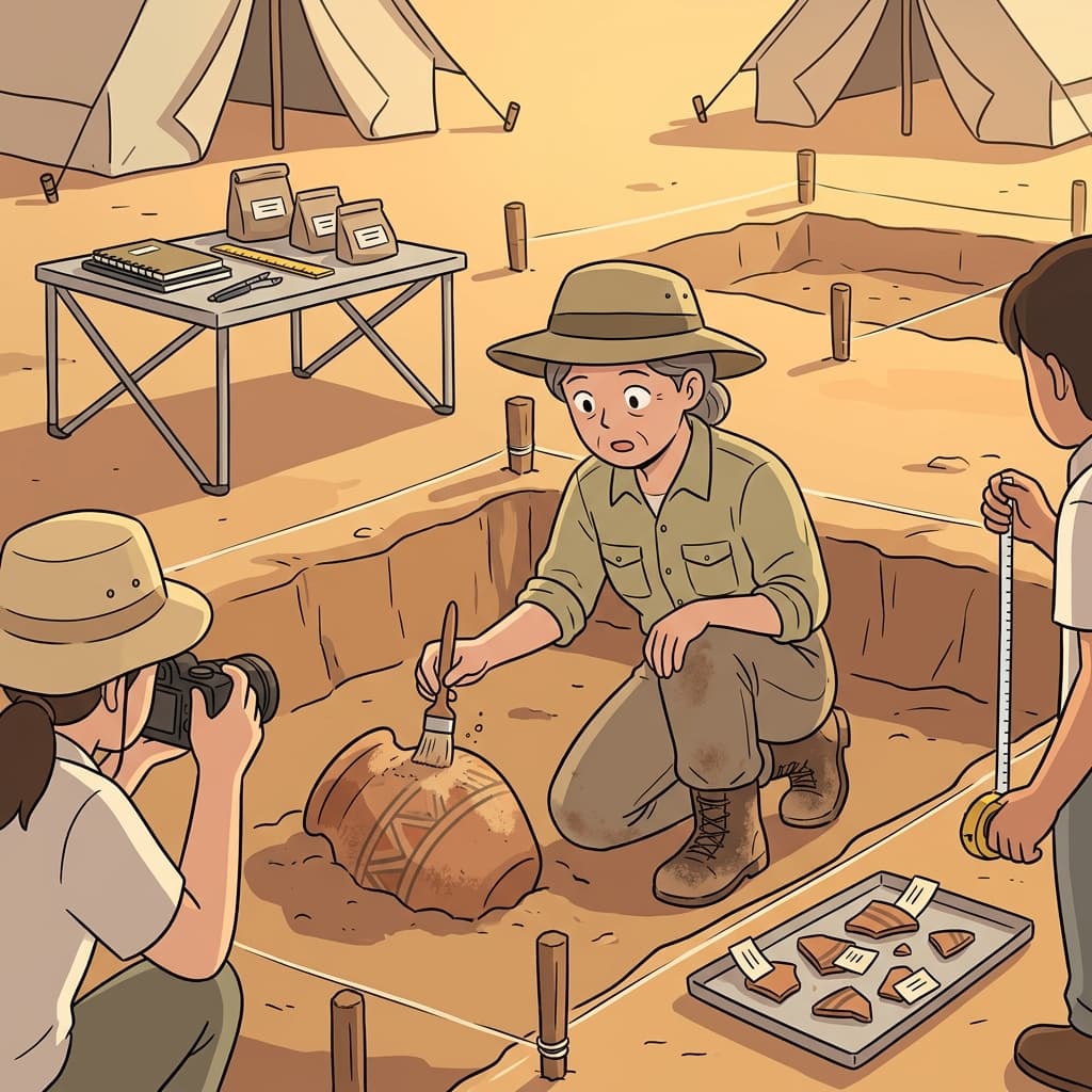 The archaeologist gently brushes dust off an ancient clay pot buried for centuries.