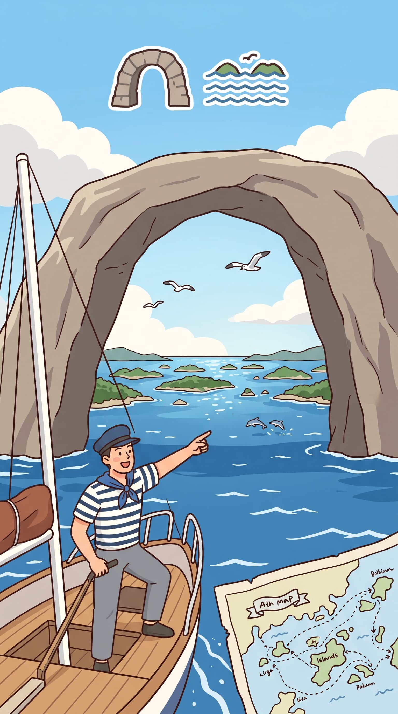 Sailing through the Greek archipelago, we saw an arch above tiny islands. (ARCH + PELAGO(sea) → ARCHIPELAGO = an ARCH of islands across the sea)