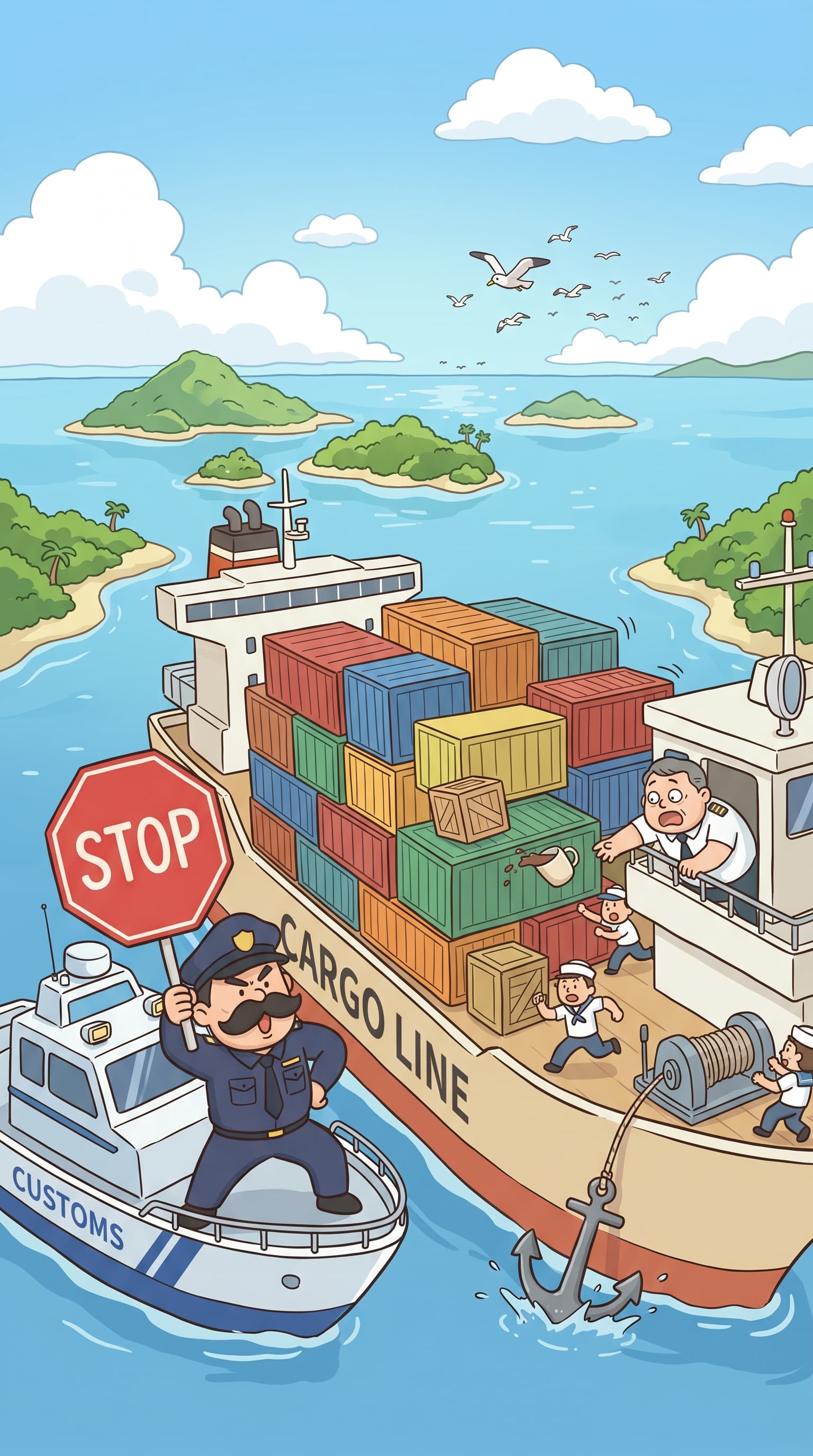 Sailing past the archipelago, the ship's cargo was stopped by a sudden embargo.