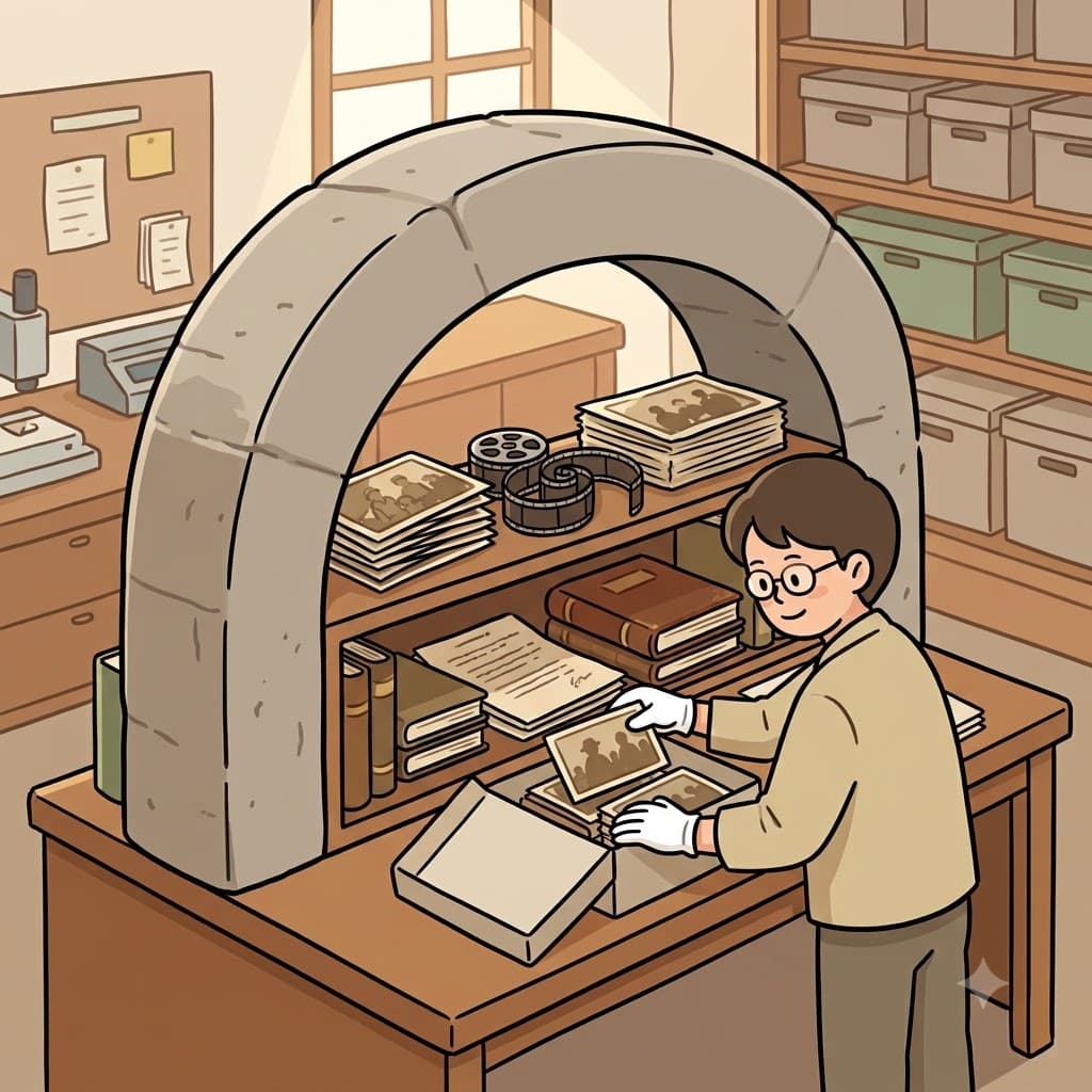 The museum created a digital archive to preserve photographs and documents for future researchers. (Think: ARCHIVE → ARCH + SAVE → Imagine an ARCH protecting a collection of valuable records. The records are saved and preserved underneath it. )