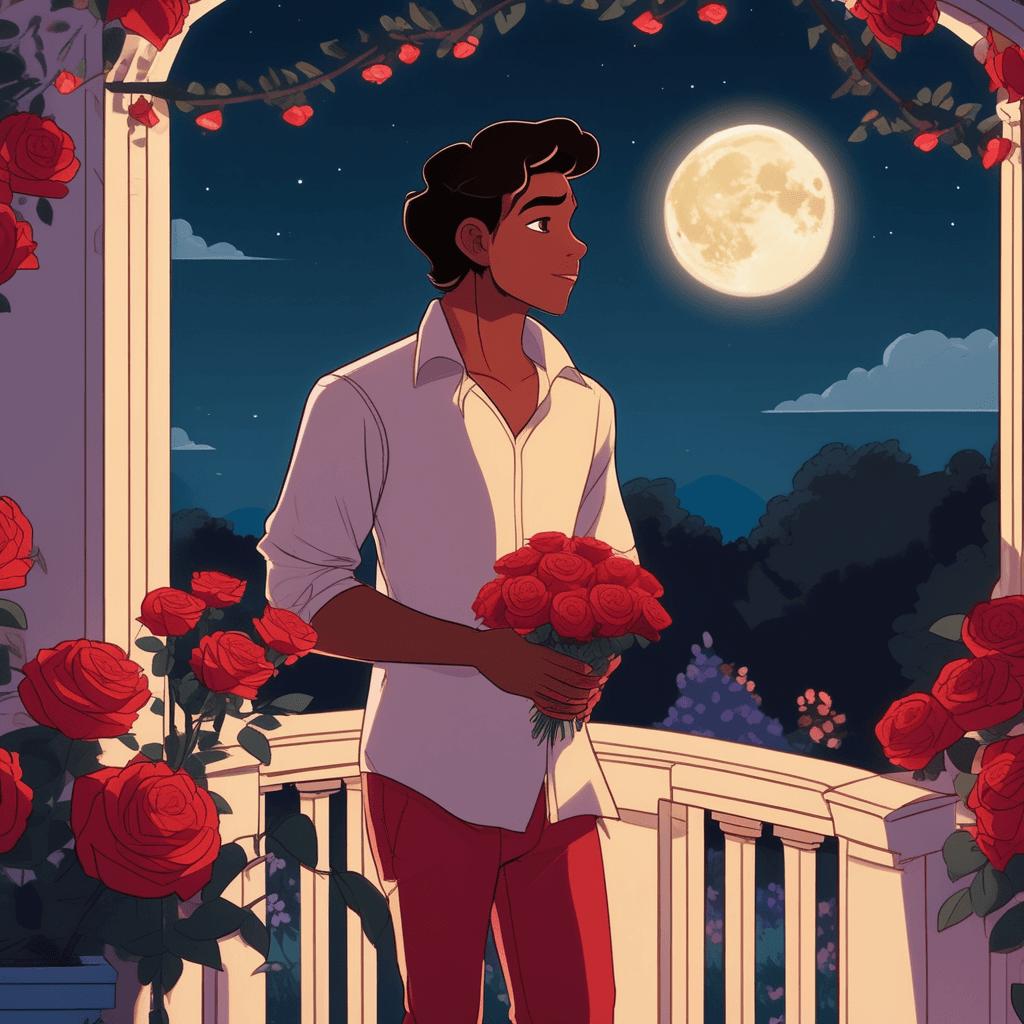 a young man stands beneath a balcony holding a bouquet of red roses with both hands pressed to his heart. His eyes gaze upward with complete adoration as he sings with his mouth open wide in song. A woman on the balcony above leans forward with her hands clasped together, clearly moved by his passionate display. Rose petals float gently in the air around them as the moonlight illuminates the romantic scene. Other people peek out from nearby windows, watching the heartfelt moment unfold. The garden behind shows carefully tended flowers that mirror his devotion. someone expressing their feelings with great enthusiasm and passionate fervor