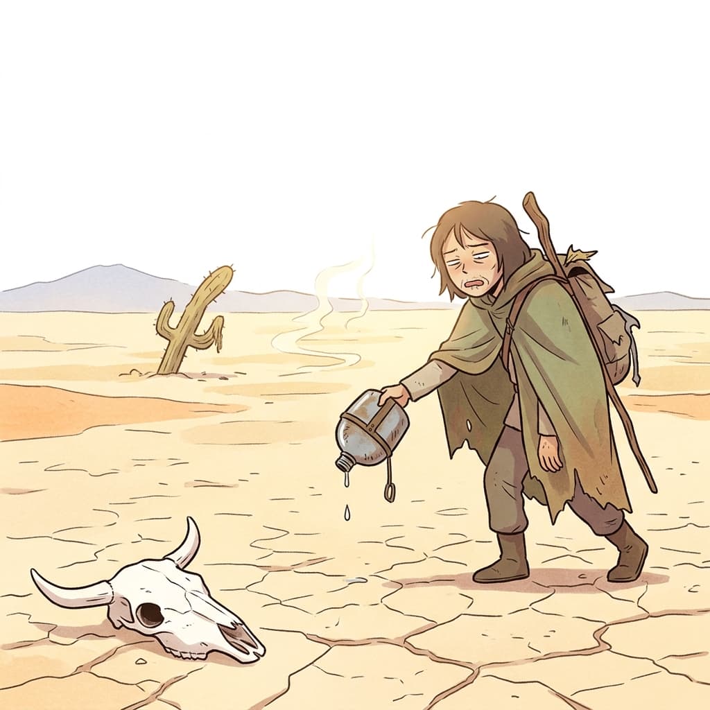 The arid desert stretched endlessly with cracked earth and no sign of water.
