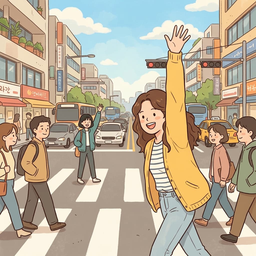 She raised her arm high to wave at her friend across the busy street.