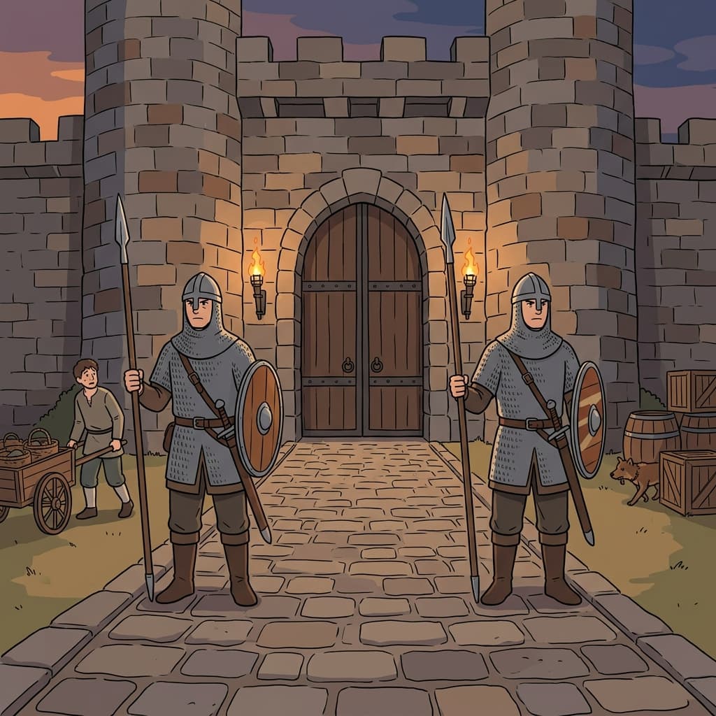 The medieval guards stood armed at the castle gate, ready for any threat.