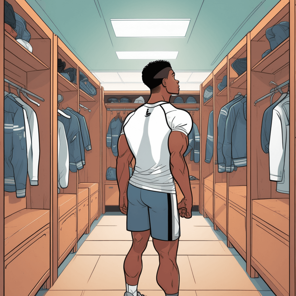 a young athlete reaches up to grab a fresh shirt from the top shelf of his locker. His arm is fully extended upward, clearly revealing the hollow area where his arm connects to his shoulder. A friend nearby notices visible sweat marks and wrinkles his nose while pointing toward that specific body area. The friend offers a stick of deodorant with a helpful smile. Other gym-goers in the background are getting dressed and preparing for their workouts. the hollow area under the arm where it joins the shoulder