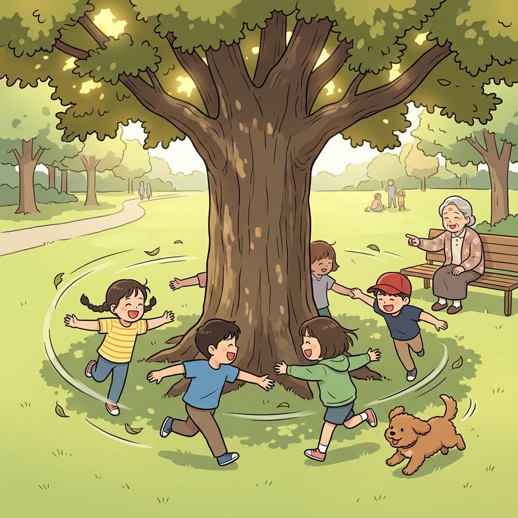 The kids ran around the giant oak tree, laughing and chasing each other.