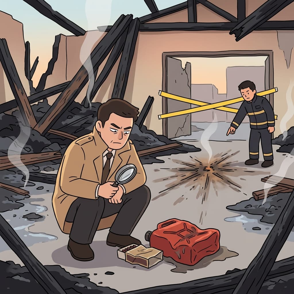 The detective inspects the warehouse ruins, certain this fire was arson.