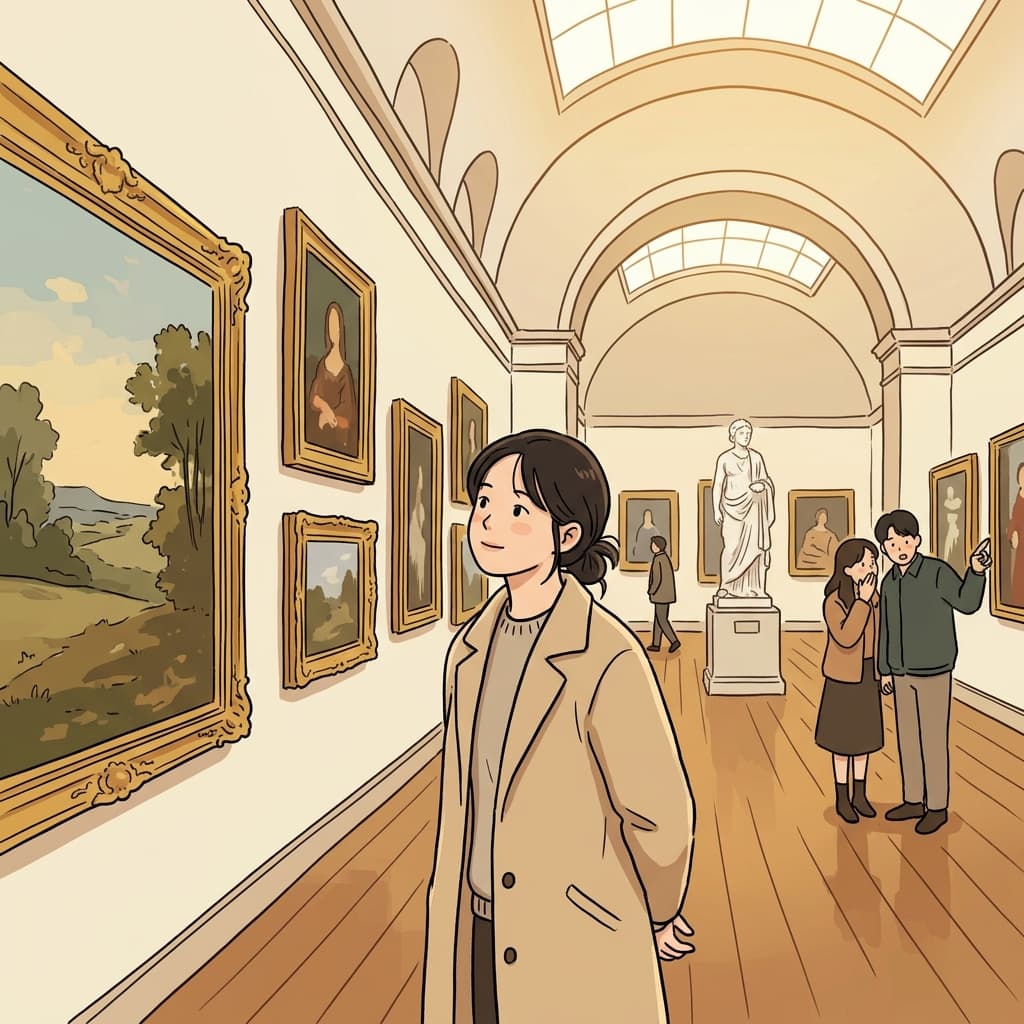 She wanders quietly through the art museum, lost in centuries of paintings.