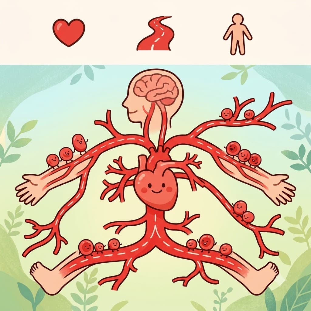 The artery carries blood away from the heart, while smaller vessels branch throughout the body. (Think of: ARTERY → "A ROAD" for blood)