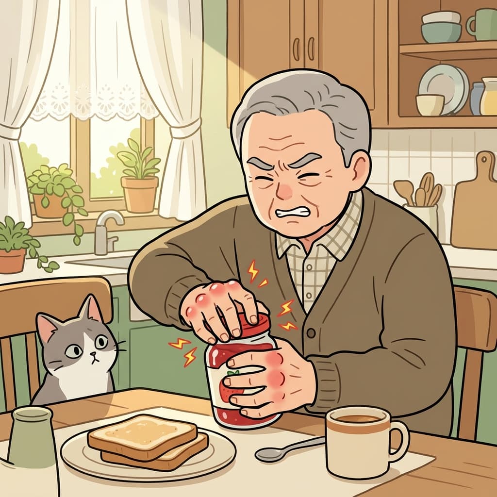 Grandpa winces as arthritis stiffens his fingers while opening a jam jar.