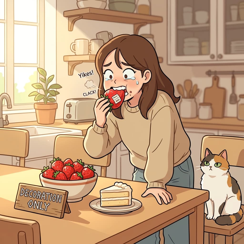 She bites into an artificial strawberry and realizes it's plastic.