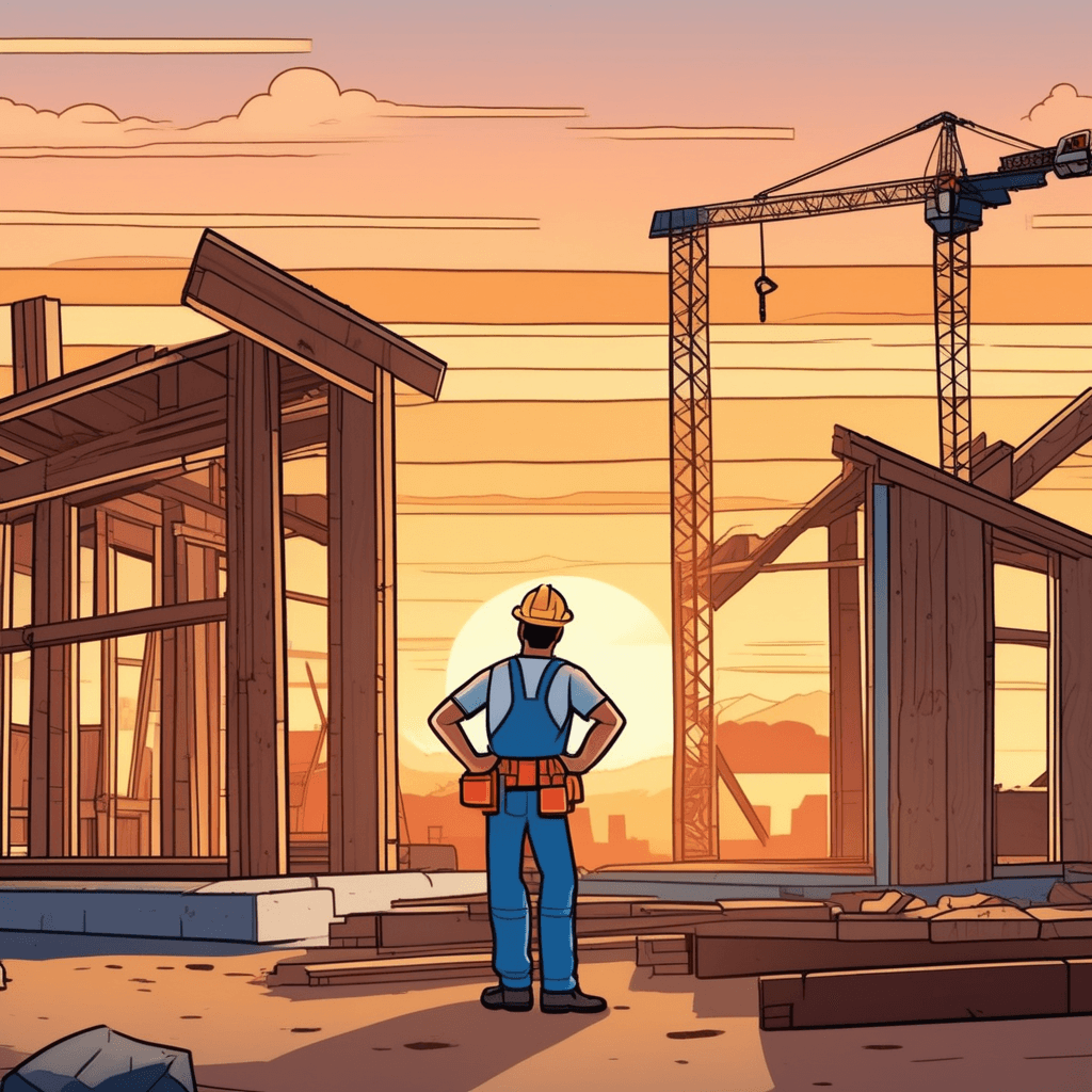 a construction worker stands looking at a half-built house with exposed wooden frames and missing walls. He holds blueprints in one hand while gesturing toward the unfinished sections with the other. The foundation is complete but the roof beams are still bare without shingles or siding. Another worker approaches carrying tools, ready to continue the work that remains to be done. a project that is incomplete up to the present time.