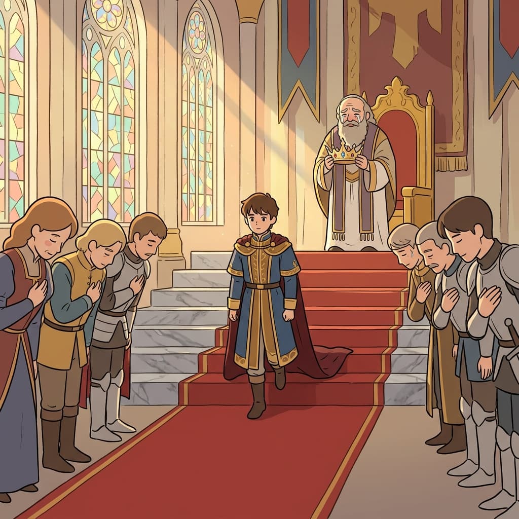 The young prince finally ascends to the throne after years of waiting.