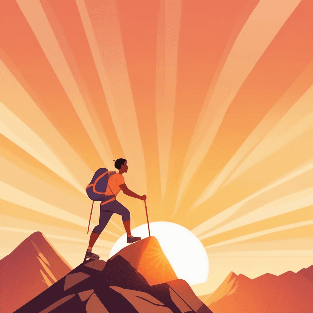 A ascent journey with a climber scaling mountain peak toward golden sunrise