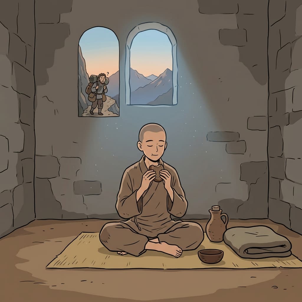 The ascetic monk lives with only a robe, a bowl, and silence.