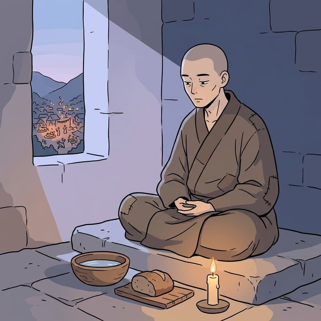 The monk practices asceticism, sleeping on stone and eating only bread and water.
