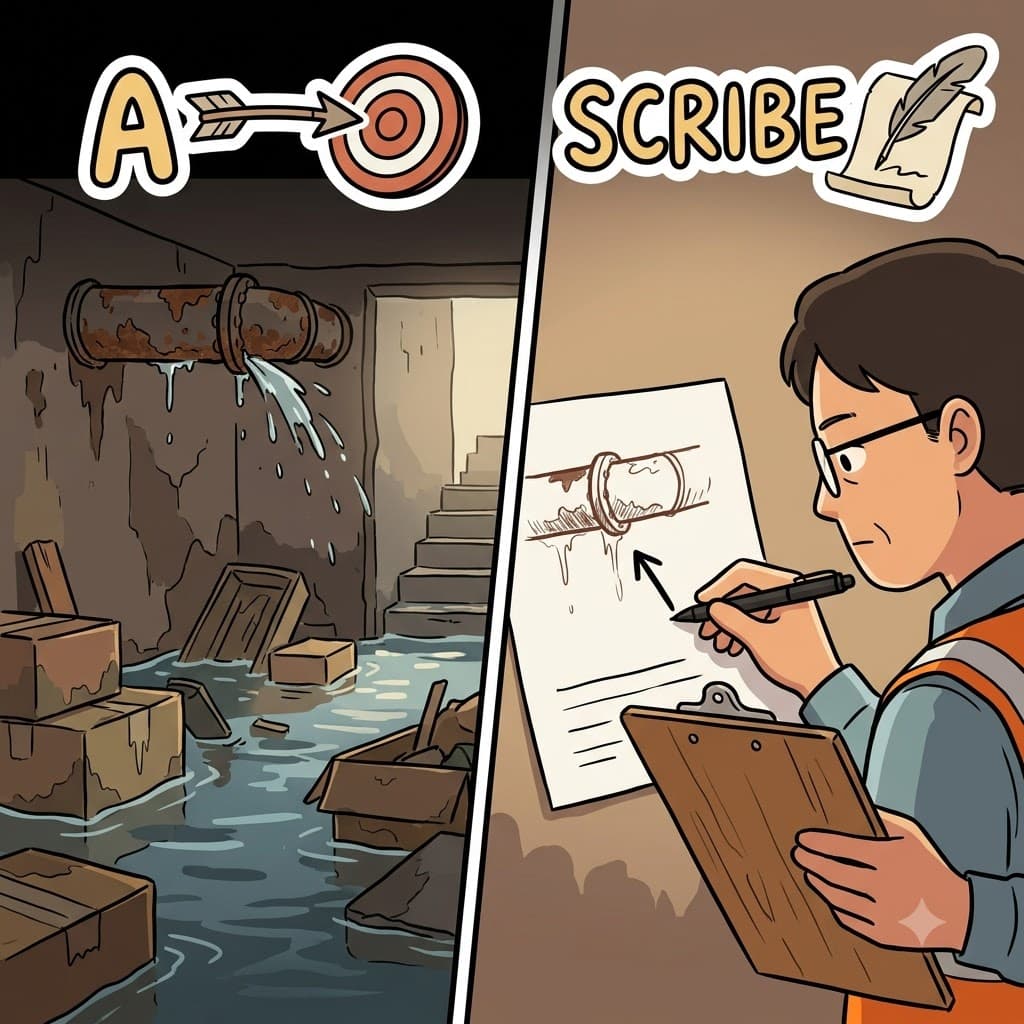 The inspector ascribed the flood to a broken pipe, recording the exact cause on his report.