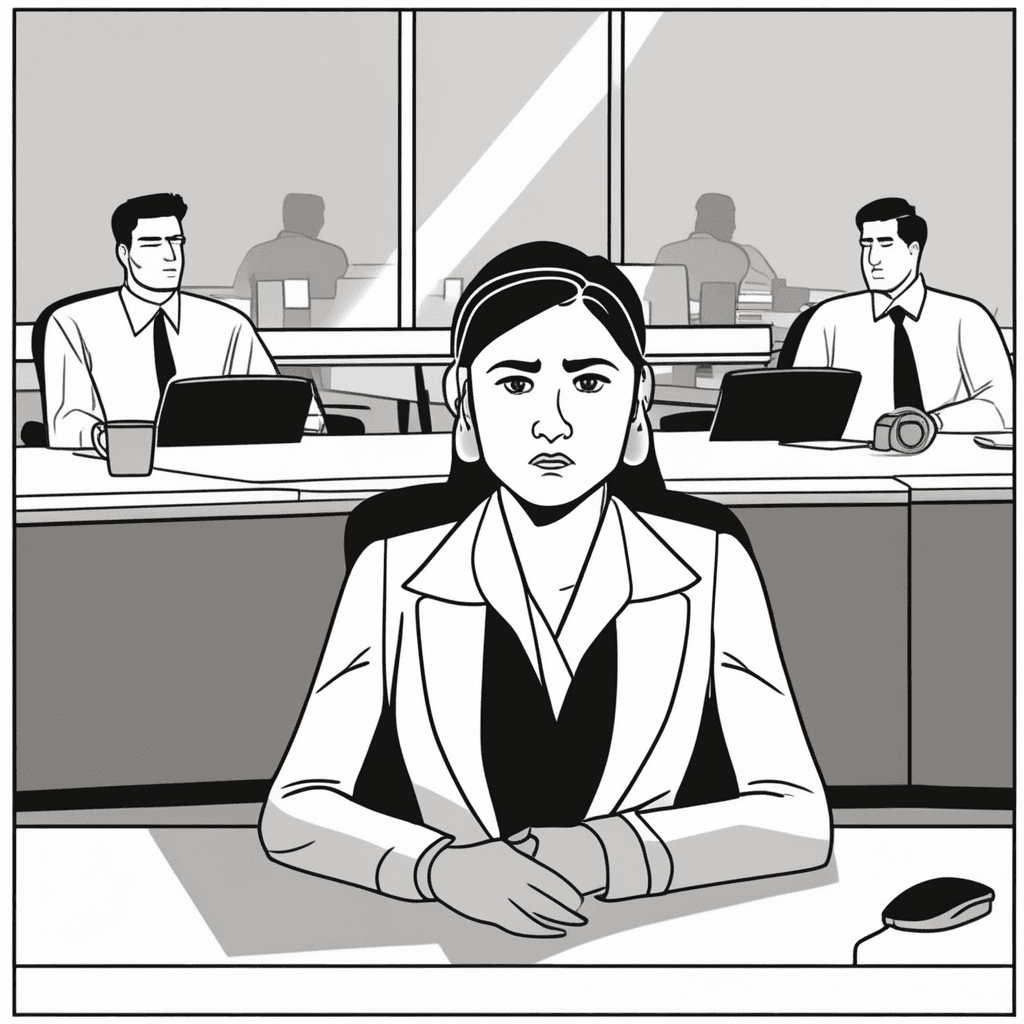a female employee sits at a conference table, turning her head sideways to look at her male colleague with narrowed eyes and a frowning expression. Her body language shows distrust as she leans slightly away from him while maintaining her skeptical sideways glance. The male colleague is enthusiastically presenting his project proposal with gestures and a confident smile. His overly eager presentation style seems to be the cause of her suspicious reaction. Other coworkers in the background also exchange uncertain glances and whispered conversations. Some shake their heads subtly while others raise their eyebrows in doubt. someone looking at another person with an attitude of suspicion and disapproval