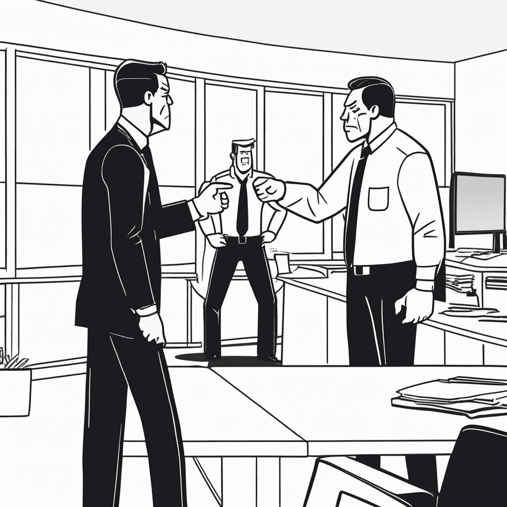 an angry manager leans forward aggressively while pointing an accusatory finger at a nervous employee. The manager's face shows a scowling expression with furrowed brows and a stern frown. The employee shrinks back in their chair looking intimidated and uncomfortable. Other office workers in the background turn their heads to watch the uncomfortable confrontation. harshness of tone and manner through severe treatment