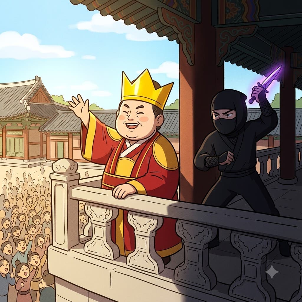 The arrogant king proudly waved to the crowd, unaware of the dark shadow preparing to assassinate him from behind.