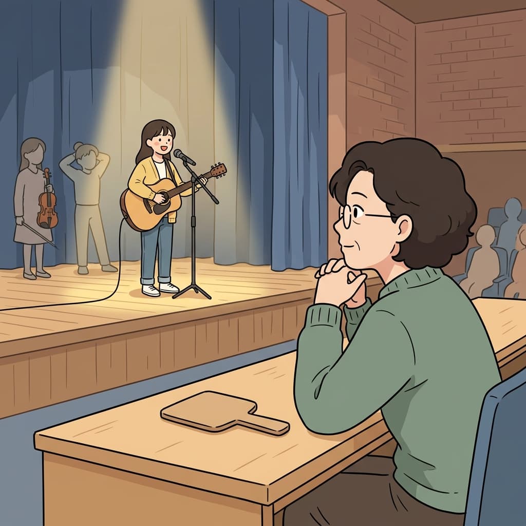 The judge's final assessment came only after watching every performance carefully. ("Pause. Observe. Assessment." → Careful observation leads to a fair assessment.)