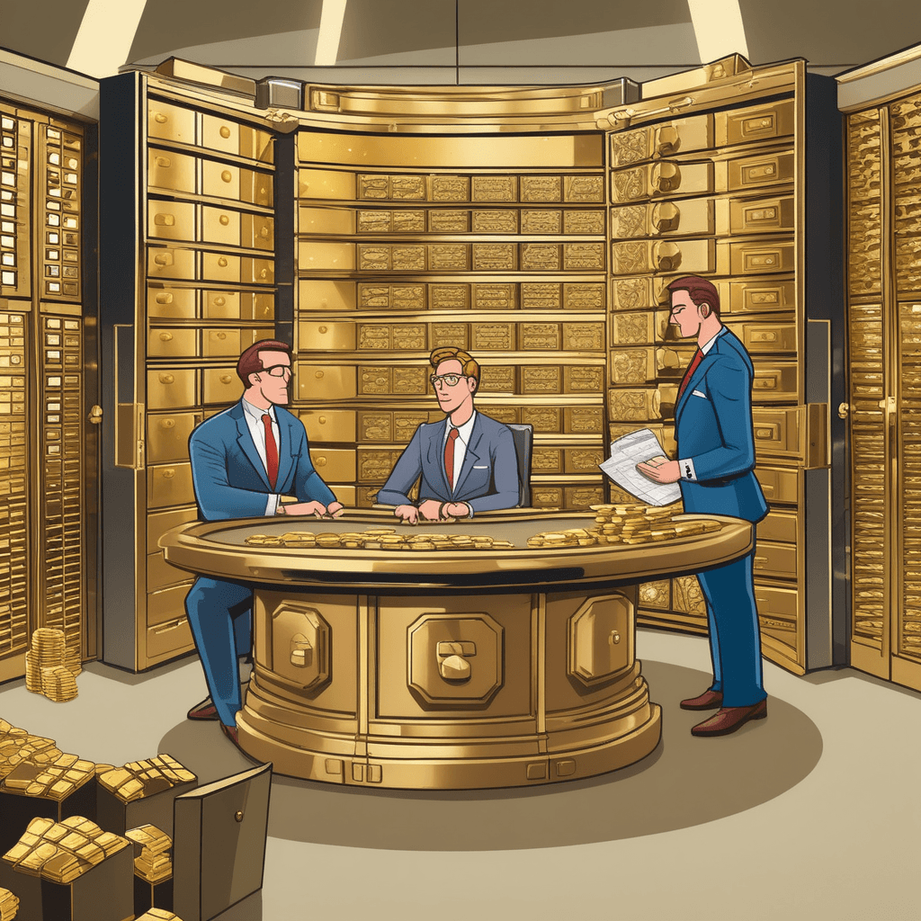 a professional banker carefully shows various valuable items to an interested client sitting across the table. Gold bars, jewelry, stock certificates, and property deeds are neatly arranged between them. The client examines each item while the banker points to different valuable possessions. The banker's confident gesture indicates these items represent significant wealth and value. Other bank employees work quietly in the background managing similar valuable holdings. valuable items or properties owned by a person or company.